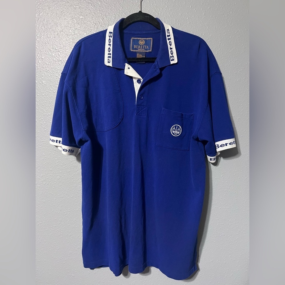 Beretta Polo Shirt Mens Sz XL Royal Blue/White Logo Shoulder Recoil Pad Shooting